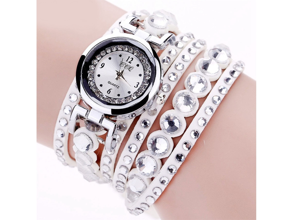 Reloj De Pulsera De Cuarzo Para Mujer Con Brazalete Multicapa Y Diamantes De Imitación Blancos.