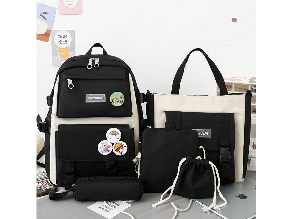 Mochila escolar de gran capacidad, juego de cinco piezas, color negro.