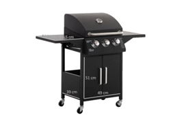 Parrilla de gas, 3 quemadores, 3 kW de potencia, dimensiones 121 x 55 x 109 cm, diseño portátil, termómetro de fácil lectura.