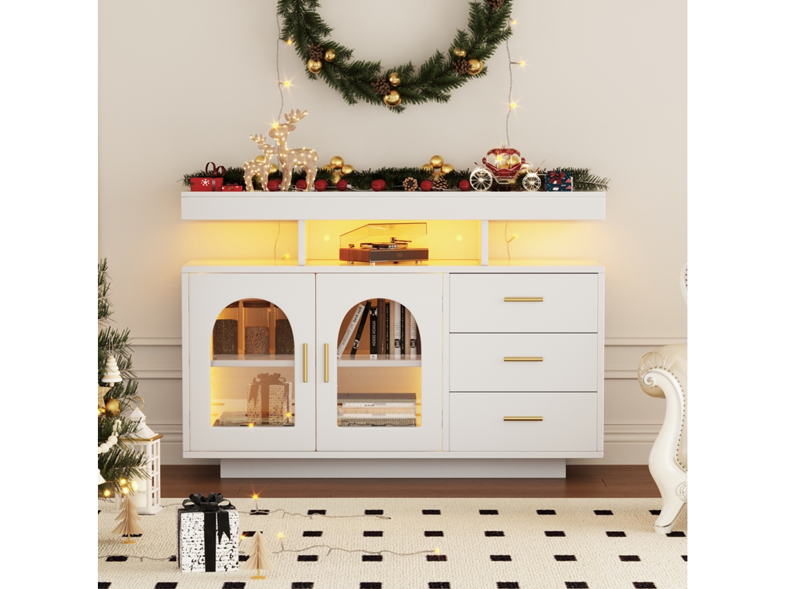 Aparador LED de 120 cm con 16 colores de luz, mueble con cajones, color blanco Mobrio