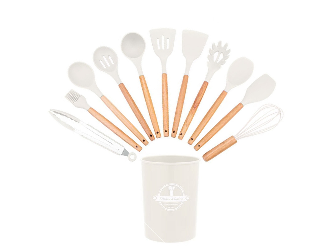 Juego de utensilios de cocina de silicona de 12 piezas, antiadherentes y sin BPA, color blanco