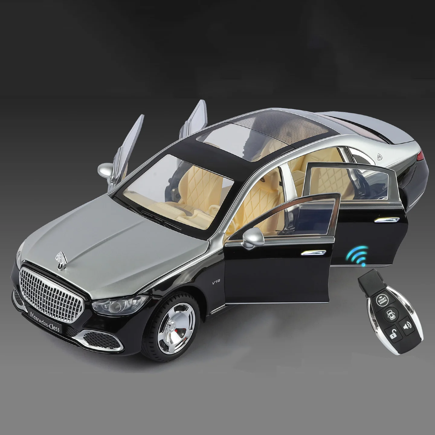 (prateado E Preto) Miniatura De Carro Em Liga Metálica, Escala 1:24, Com Controle Por Chave, Som E Luz. Feita Em Metal Fundido.