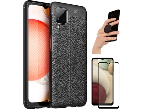 Kit Funda, Protector de Pantalla y Popsocket Samsung A12 Rugged Leather Negro
