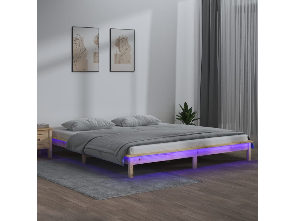 Estructura De Cama Con Led Madera Maciza Gris 135x190 Cm