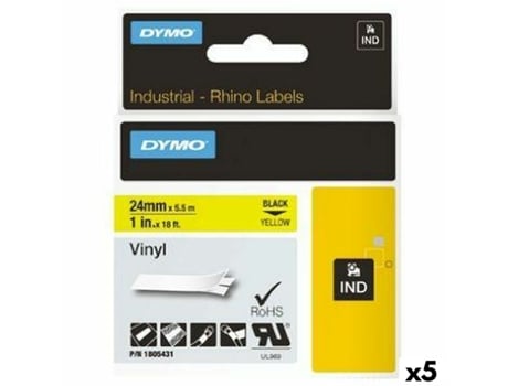 Cinta Laminada para Rotuladoras Rhino DYMO ID1-24 24 x 5,5 mm Negro Amarillo Vinilo Autoadhesivas (5 Unidades)