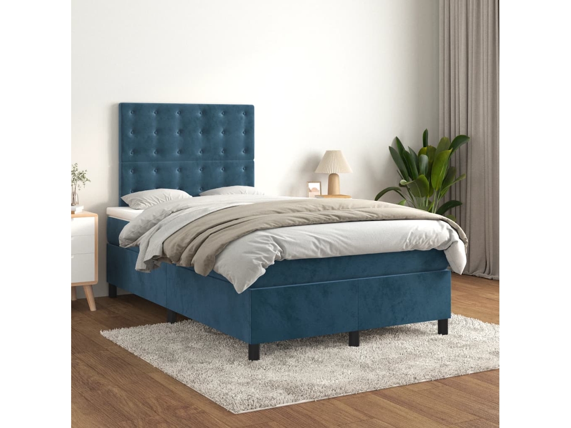 Cama Box Spring Con Colchón Terciopelo Azul Oscuro 120x200 Cm