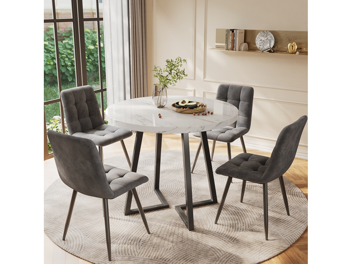 Conjunto De Mesa De Comedor Y Sillas Moderno (incluye 4 Sillas), De 80cm De Diámetro, Patas De Metal Negro.