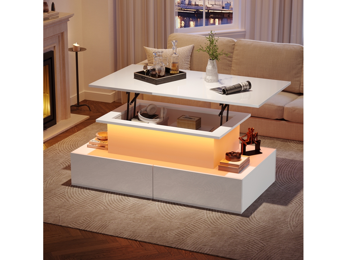 Mesa Centro Blanco Alto Brillo Led 4 Cajones 90x55x41 Almacenamiento Salón Moderno