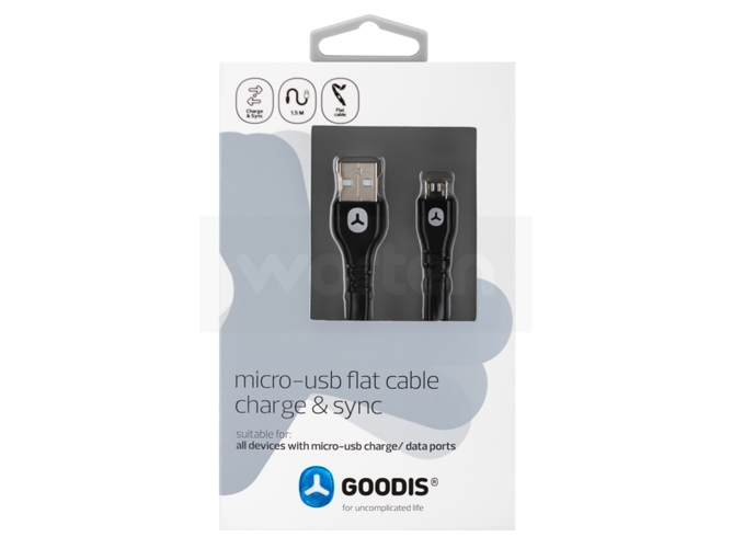 Cable GOODIS Plano (USB - MicroUSB - 1.5 m - Negro) — USB, microUSB | 1,5 m