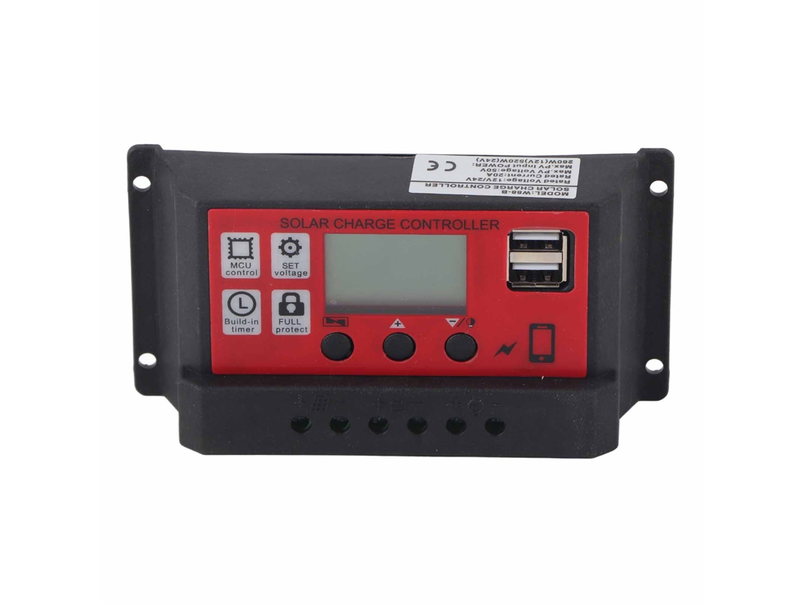 Controlador De Carga Solar Pwm Inteligente Y Ajustable De 12v/24v Y 20a Con Pantalla Lcd Y Salida Usb.