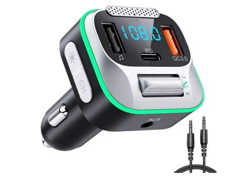 Transmisor FM Bluetooth para automóvil Adaptador de automóvil Bluetooth Reproductor de MP3 con luz de anillo fría, compatible con sonido de alta CH...