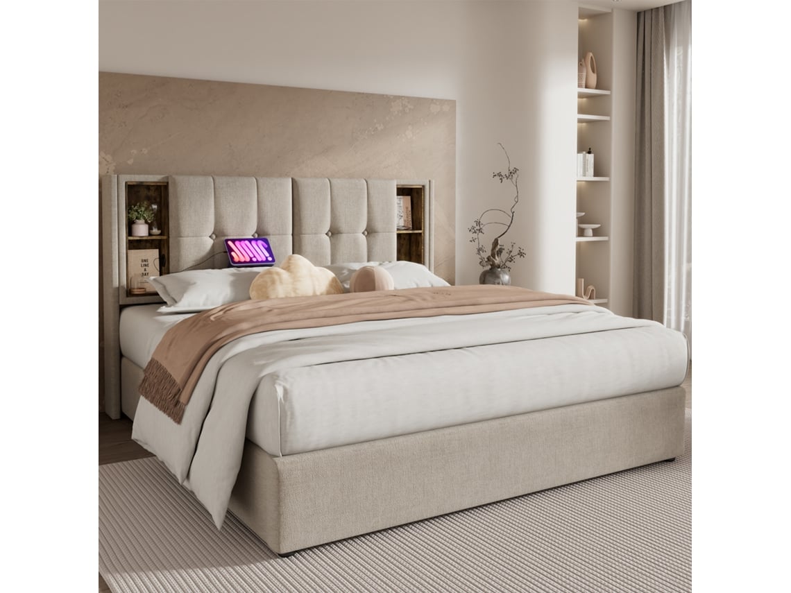 Cama De Lino Natural De 160x200 Con Usb-c