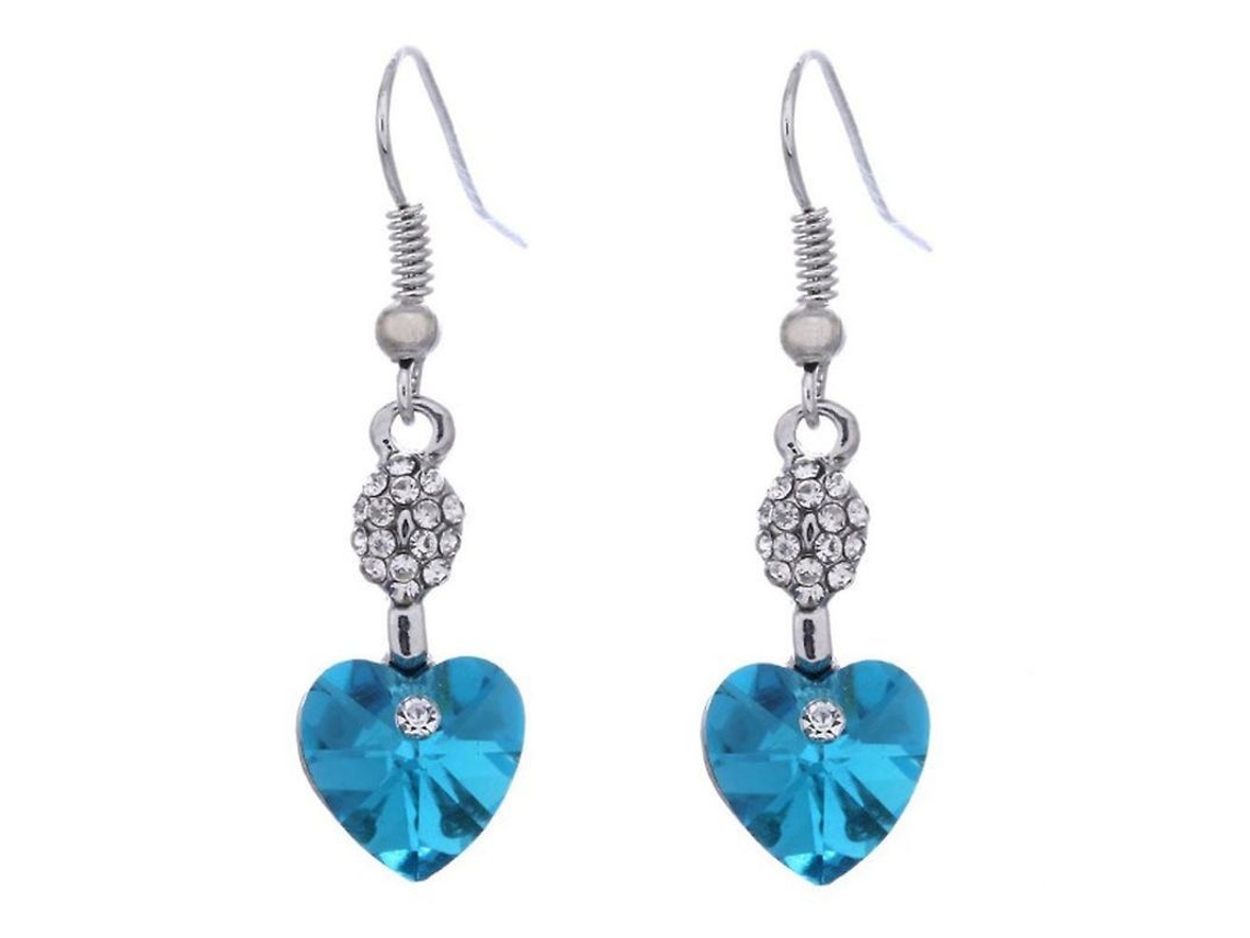 Colgantes Aretes Blue Heart 2026 con piedras brillantes en una cadena de plata.