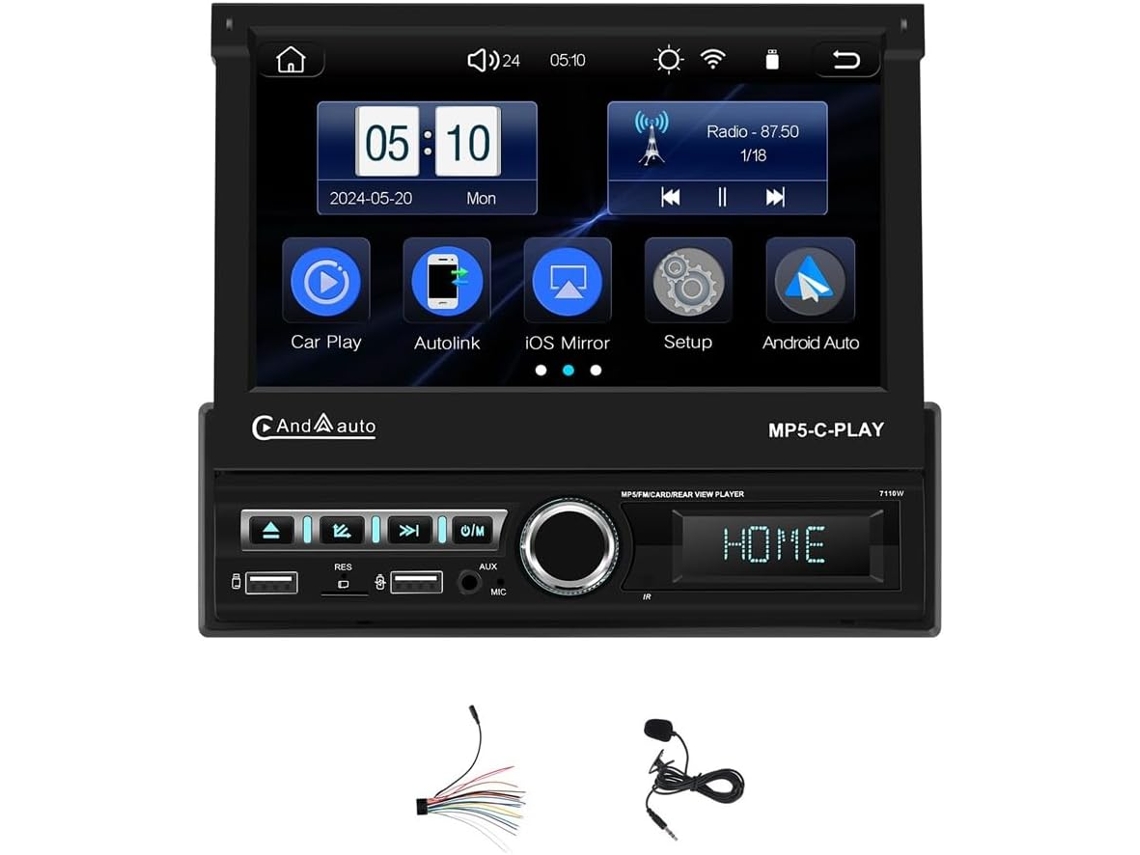 Autorradio De Un Solo Din Con Carplay, Android Auto, Pantalla Táctil Abatible De 7 Pulgadas, Bluetooth Y Radio Fm.