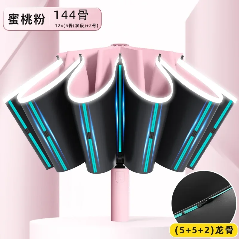 Paraguas Automático Plegable Reversible A Prueba De Viento (rosa, 144 Varillas, 12k)