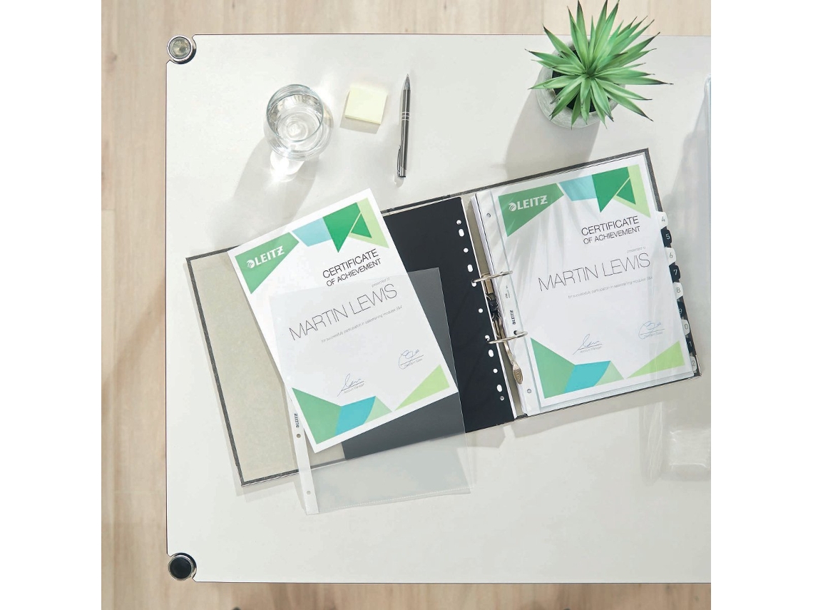 Funda para documentos Leitz, A4, PP, texturizada, 0,12 mm, abierta por delante y por arriba, calidad de archivo, con protección contra roturas, 100 unidades, Esselte Leitz