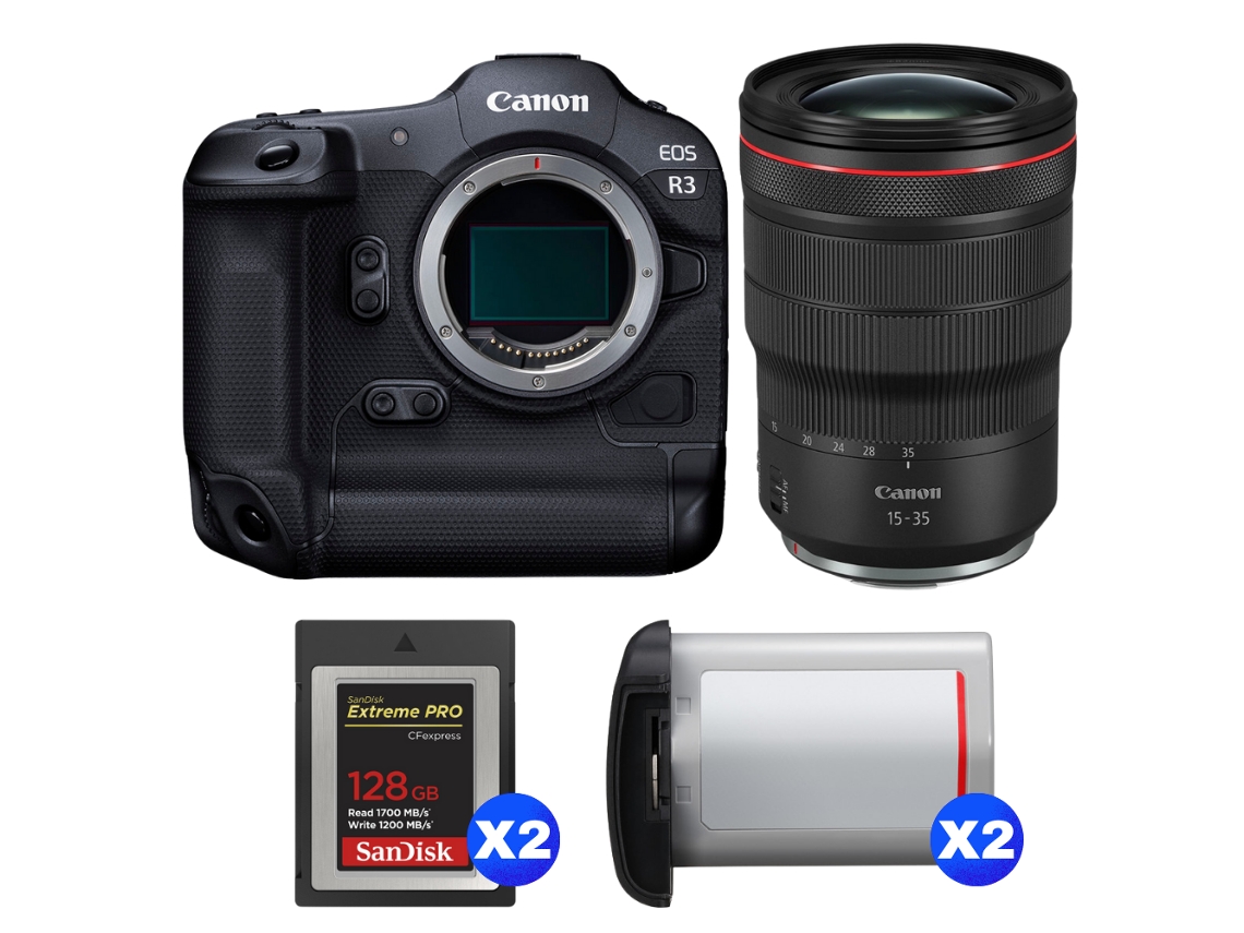 Canon Eos R3 + Rf 15-35mm F/2.8 L Is Usm + 2 Sandisk 128gb Extreme Pro Cfexpress Type B + 2 Canon Lp-e19 + Ebook Pricedirect