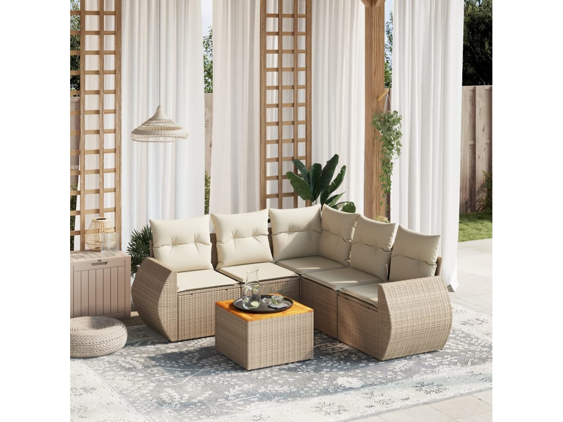 Conjunto de sofá de jardín de 6 piezas con cojines, mimbre sintético beige, Dkd Home Decor