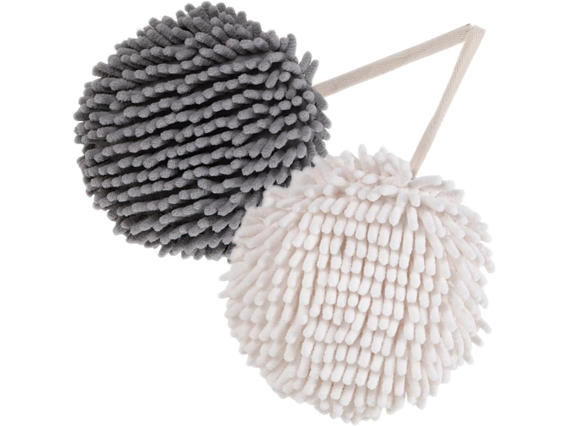 Kit Yarnow com 2 toalhas de mão de chenille ultrarresistentes à máquina em formato de novelo, ideais para secar e limpar a cozinha.