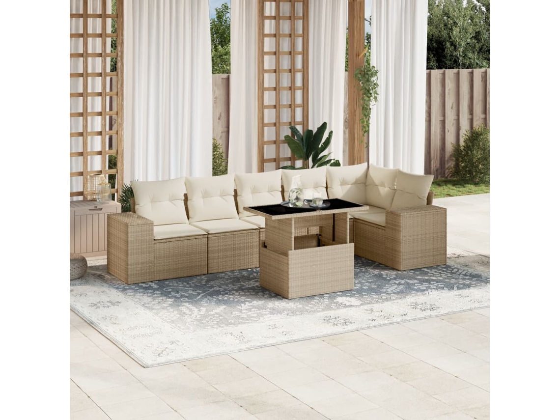Conjunto de sofá de jardín de 7 piezas con cojines, mimbre sintético beige, Dkd Home Decor