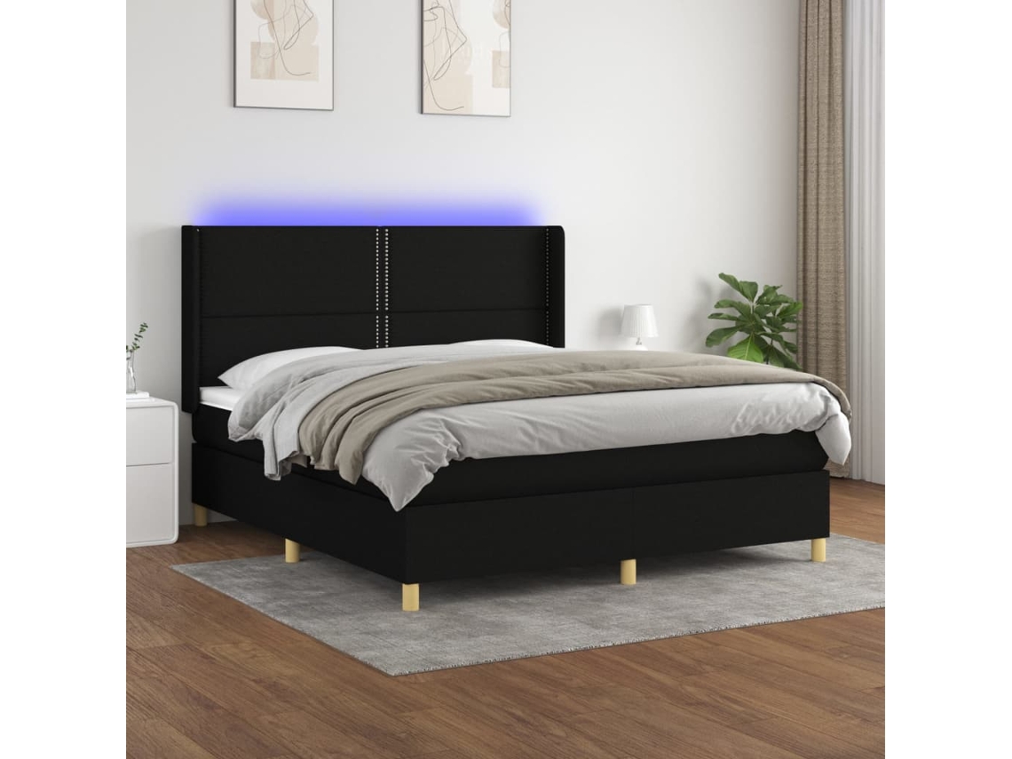Cama Box Spring Colchón Y Luces Led Tela Negro 180x200 Cm
