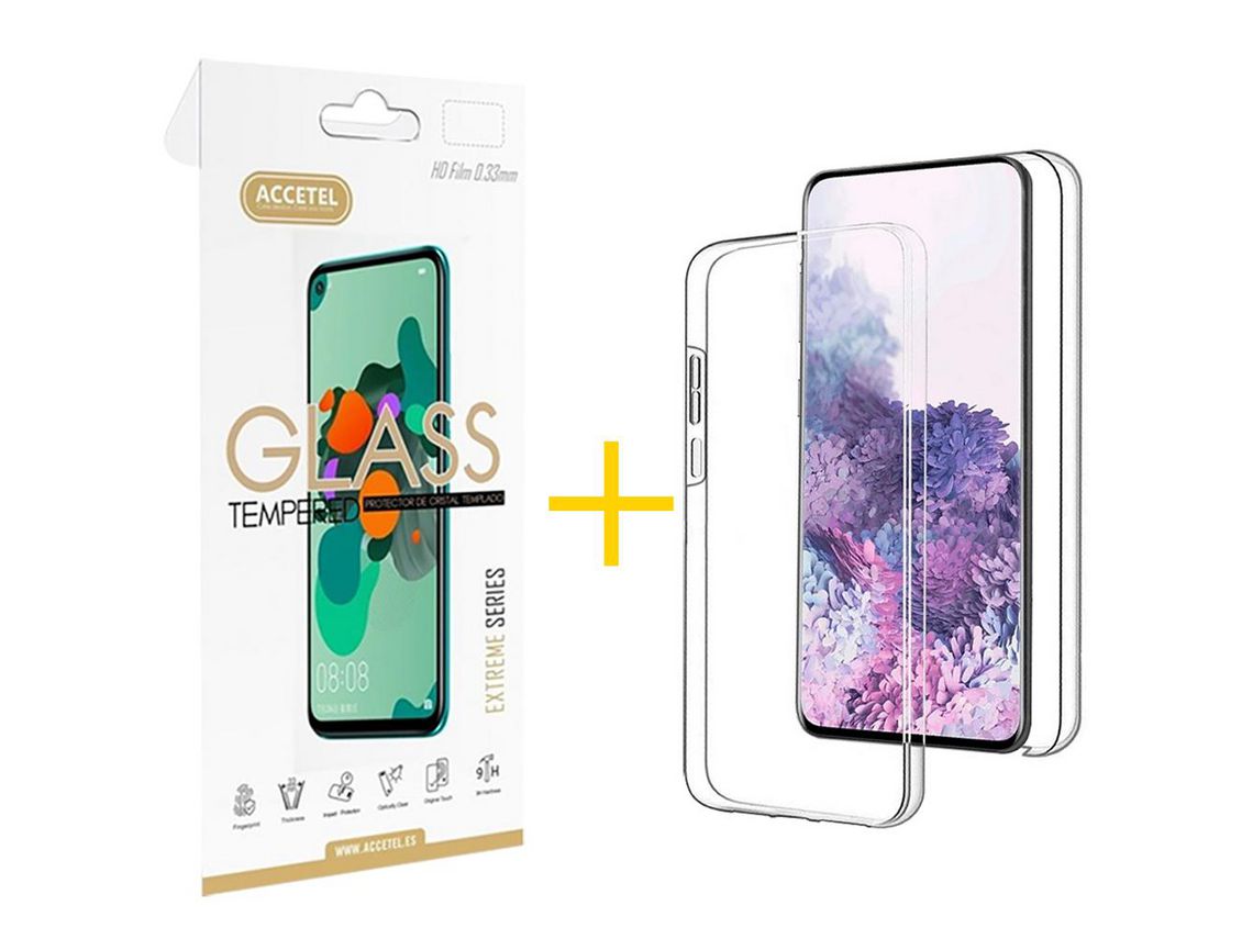 Pack 1 X Protector de Vidrio Templado 2.5D + Funda ACCETEL para Samsung Galaxy A20s Dupla 360º Transparente Clear