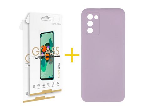 Pack Carcasa + 2 Protectores de Pantalla Cristal Templado para Samsung Galaxy A02S SKYHE Morado