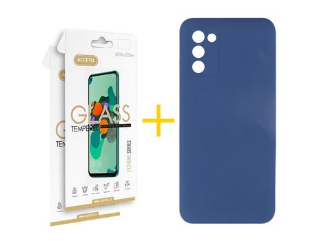 Pack Carcasa + 2 Protectores de Pantalla Cristal Templado para Samsung Galaxy A02S ACCETEL Azul