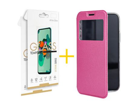 Pack 2 Películas 2.5D + Funda SKYHE por Huawei P Smart 2021 Flip Cover Gandy Rosa
