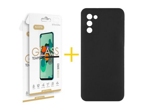 Pack Carcasa + 2 Protectores de Pantalla Cristal Templado para Samsung Galaxy A02S ACCETEL Negro