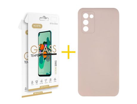 Pack Carcasa + 2 Protectores de Pantalla Cristal Templado para Samsung Galaxy A02S ACCETEL Rosa