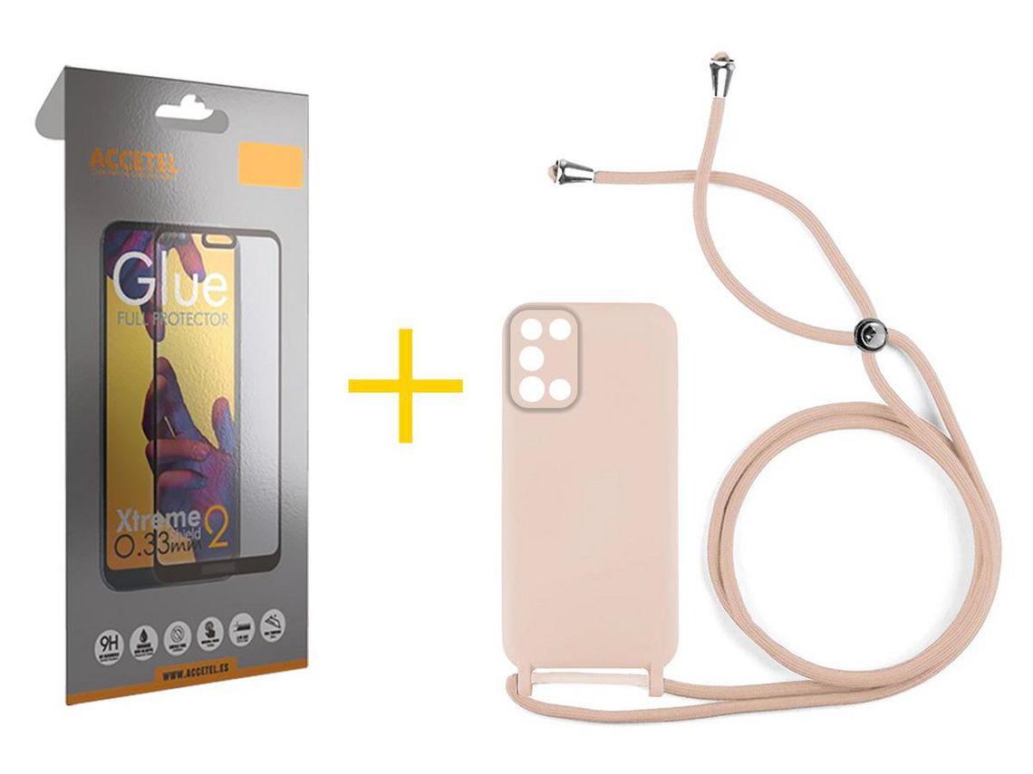 Pack 1 X Protector de Vidrio Templado Full + Funda ACCETEL para Samsung Galaxy A03S Gel con Cordón Rosa Pastel