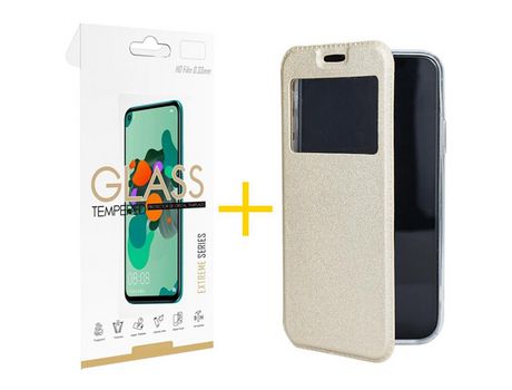 Pack 1 X Película de Vidrio Templado 2.5D + Funda SKYHE por Apple iPhone 15 Flip Cover GANDY Oro