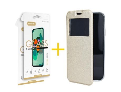 Pack 2 X Protector de Vidrio Templado 2.5D + Funda ACCETEL para Samsung Galaxy S20 Plus 5G Flip Cover Gandy Oro