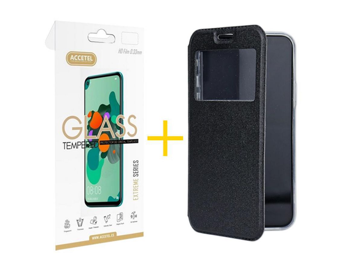 Juego 1 X Película de Vidrio Templado 2.5D + Funda Accetel por Apple iPhone 14 Pro Flip Cover Gandy Negro