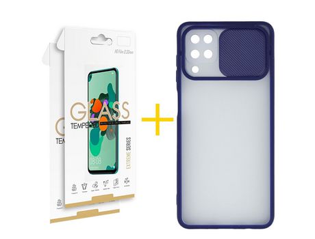Pack 2 Películas 2.5D + Funda SKYHE para Samsung Galaxy M12 Gel Protteción Cámara Azul Oscuro