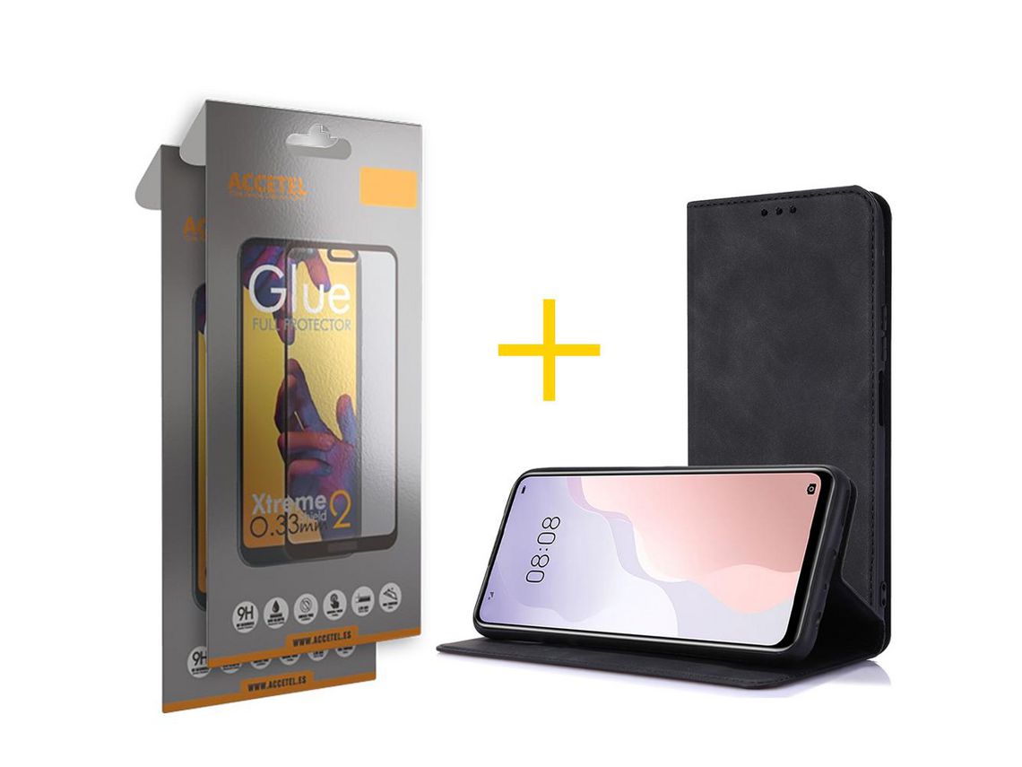 Pack 2 X Protector de Vidrio Templado Full + Funda ACCETEL para Samsung Galaxy A52 5G Flip Cover PRM Negro