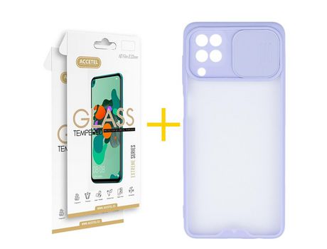 Pack 2 X Protector de Vidrio Templado 2.5D + Funda ACCETEL para Samsung Galaxy A12 4G Gel Protección Cámara Violeta