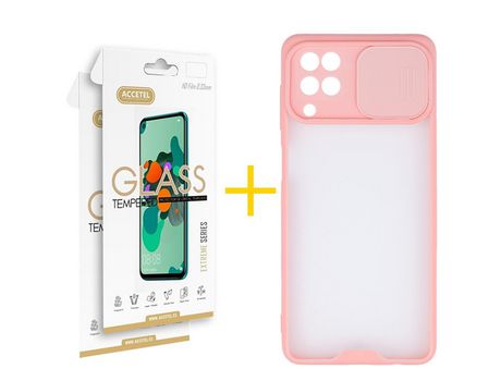 Pack 2 X Protector de Vidrio Templado 2.5D + Funda ACCETEL para Samsung Galaxy A12 5G Gel Protección Cámara Rosa