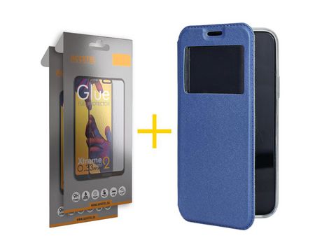 Pack 2 X Protector de Vidrio Templado Full + Funda ACCETEL para Huawei P Smart 2021 Flip Cover Gandy Azul