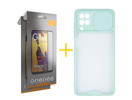 Pack 2 Películas Full + Funda SKYHE para Samsung Galaxy M22 Gel Protteción Cámara Verde-Mar