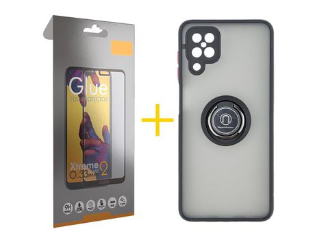 Pack 1 Película Full + Funda SKYHE para Samsung Galaxy M22 Gel Bumper con Anillo Negro