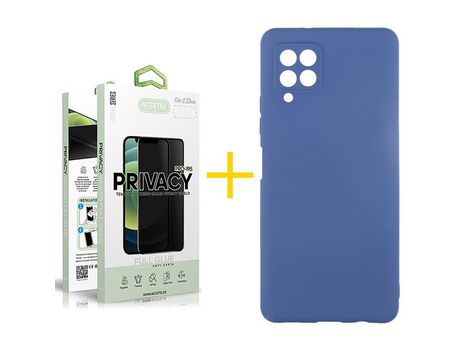 Pack 1 X Protector de Vidrio Templado Anti espía + Funda ACCETEL para Samsung Galaxy A12 4G Silicona Líquida Azul