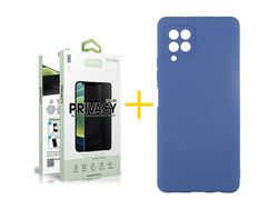 Pack 1 X Protector de Vidrio Templado Anti espía + Funda ACCETEL para Samsung Galaxy A22 4G Silicona Líquida Azul