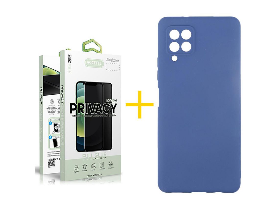 Pack 1 X Protector de Vidrio Templado Anti espía + Funda ACCETEL para Samsung Galaxy A22 4G Silicona Líquida Azul