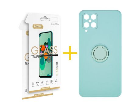 Pack 2 X Protector de Vidrio Templado 2.5D + Funda ACCETEL para Samsung Galaxy A12 5G Gel O-Ring Verde-Agua
