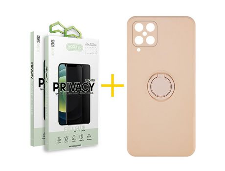 Pack 2 X Protector de Vidrio Templado Anti espía + Funda ACCETEL para Samsung Galaxy M22 Gel O-Ring Rosa Pastel
