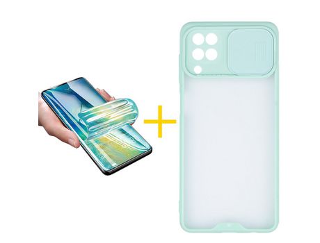 Pack 1 X Protector de Vidrio Templado Hidrogel + Funda ACCETEL para Samsung Galaxy A12 5G Gel Protección Cámara Verde-Mar