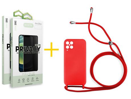 Pack 2 X Protector de Vidrio Templado Anti espía + Funda ACCETEL para Samsung Galaxy A12 5G Gel con Cordón Rojo