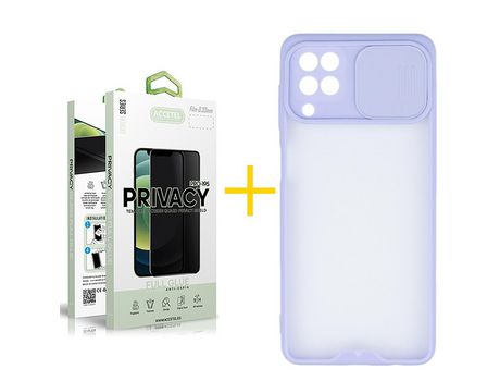 Pack 1 X Protector de Vidrio Templado Anti espía + Funda ACCETEL para Samsung Galaxy A12 5G Gel Protección Cámara Violeta